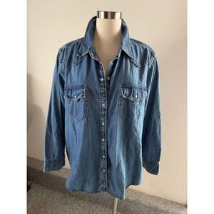 Old Navy Womens Plus 2X Denim Shirt Pearl Snap Western Long Sleeve Top